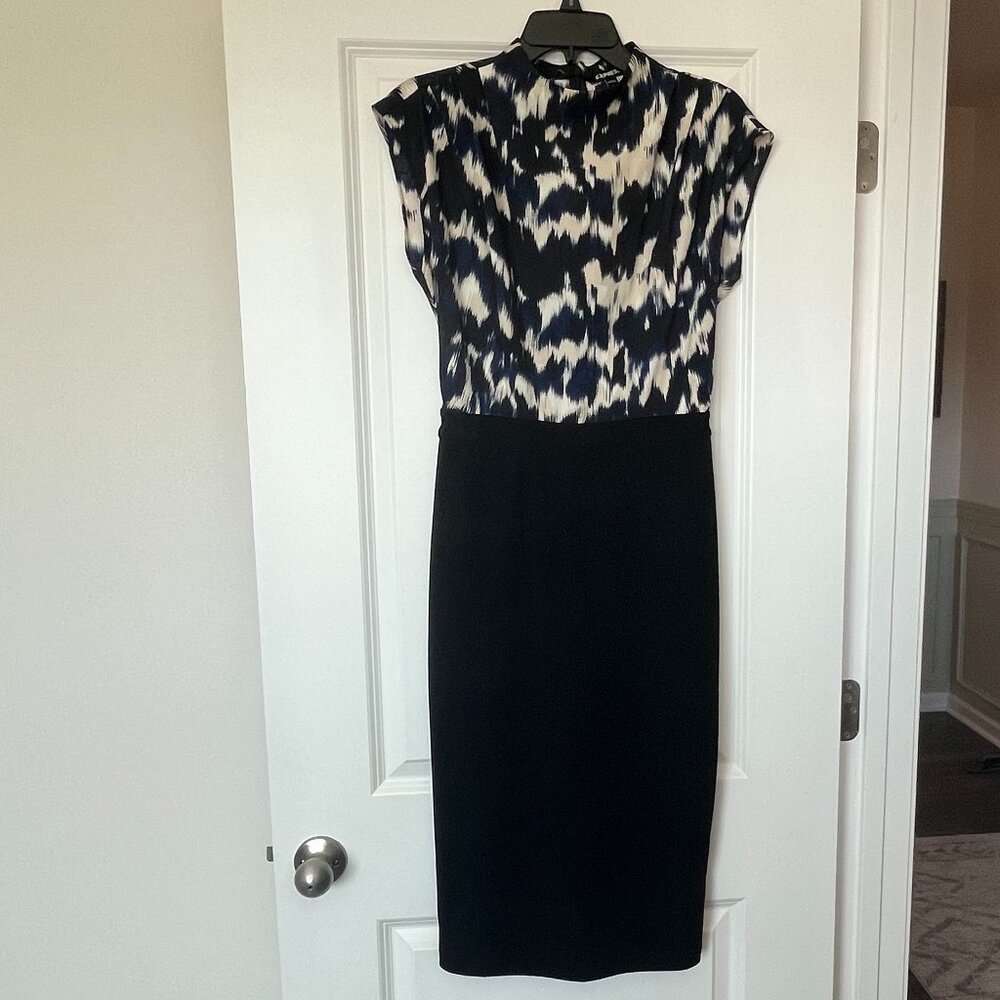 Express Black Blue Printed Sheath Dress Size S Office to Cocktail